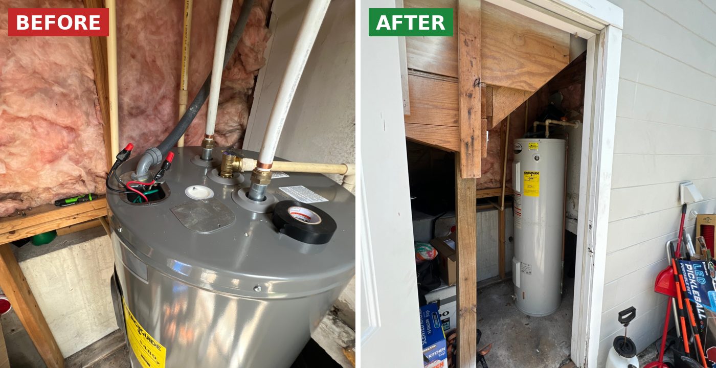 Before and after: 40-gallon water heater replaced by BSP1 Plumbing in Altamonte Springs, FL