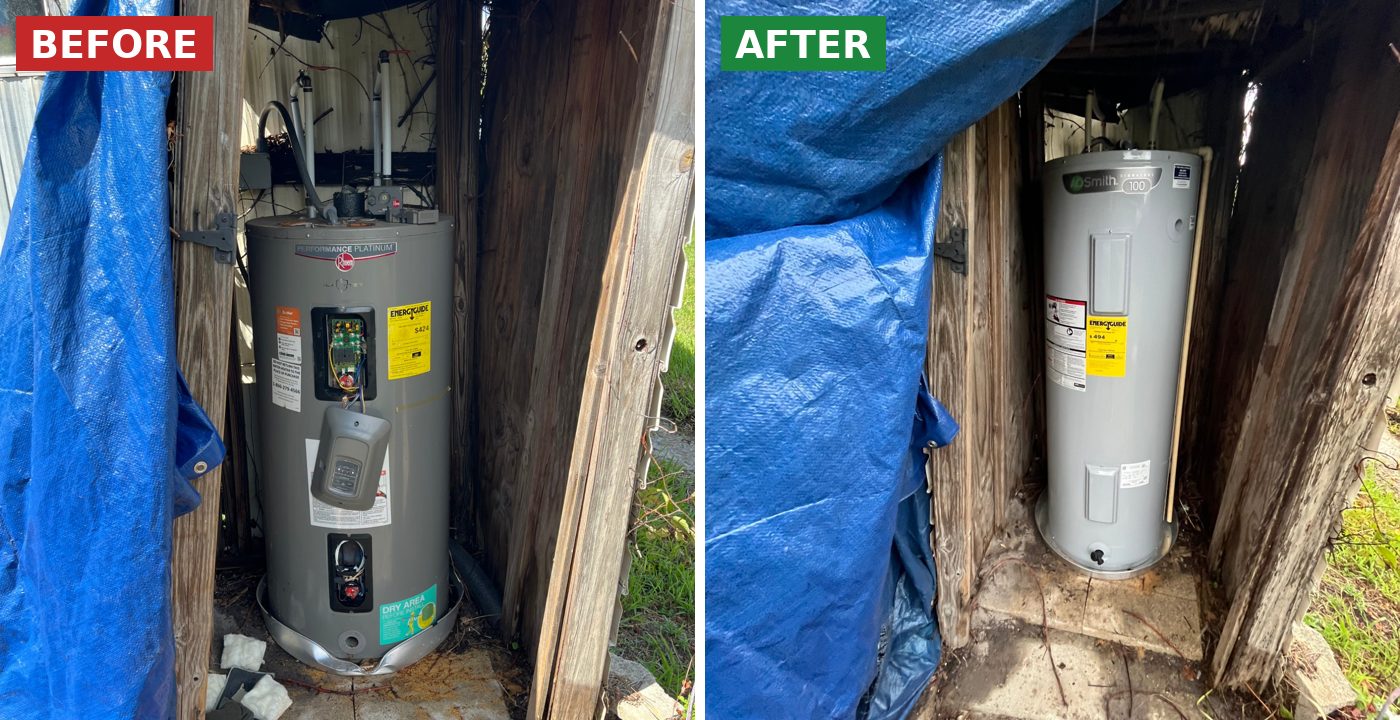 Before and after: Old water heater replaced with a new Rheem by BSP1 Plumbing in Winter Park, FL
