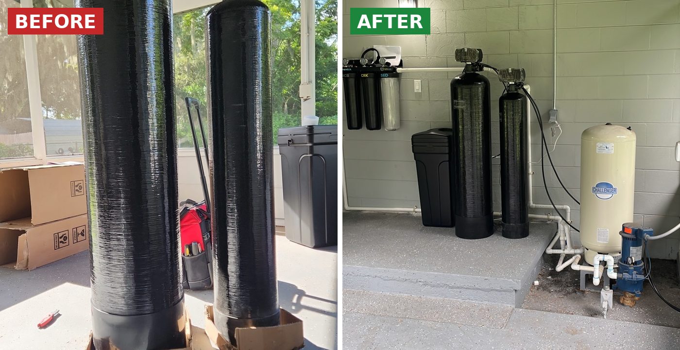 Before and after: Well water filtration and water softener system installed by BSP1 Plumbing in Central Florida