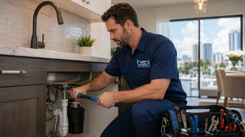 Water leaking from a pipe connection under a sink in a Central Florida home