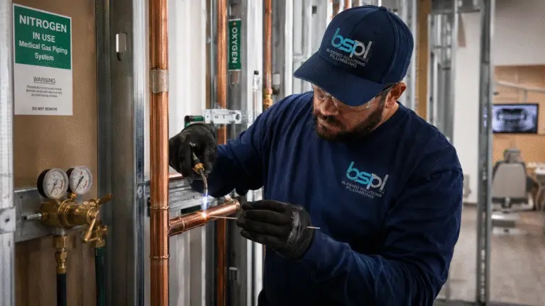 Blessed Solutions Plumbing team installing medical gas alarm panels in Central Florida