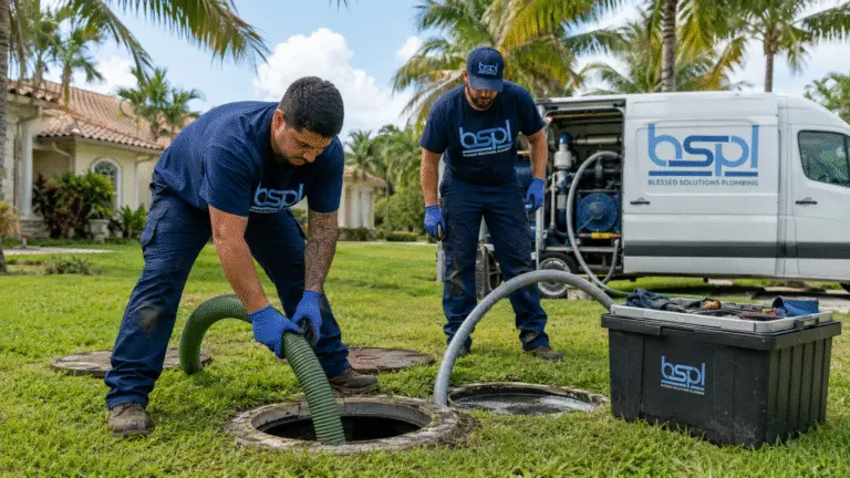Blessed Solutions Plumbing technician explaining septic tank service to a homeowner in Orlando FL