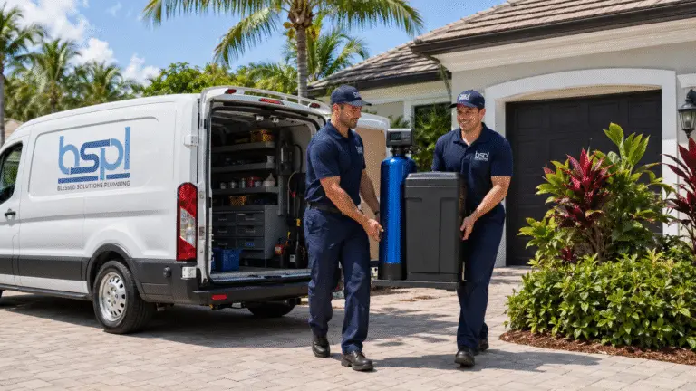 Blessed Solutions Plumbing technician performing water softener installation in Orlando FL