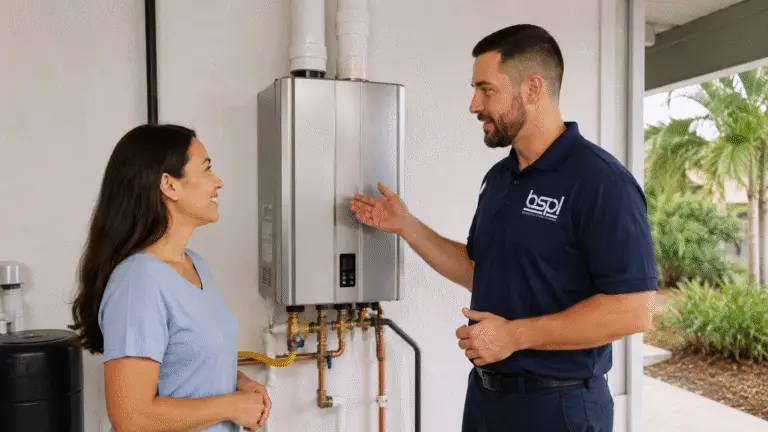 Plumber explaining water heater options to a homeowner in Orlando FL