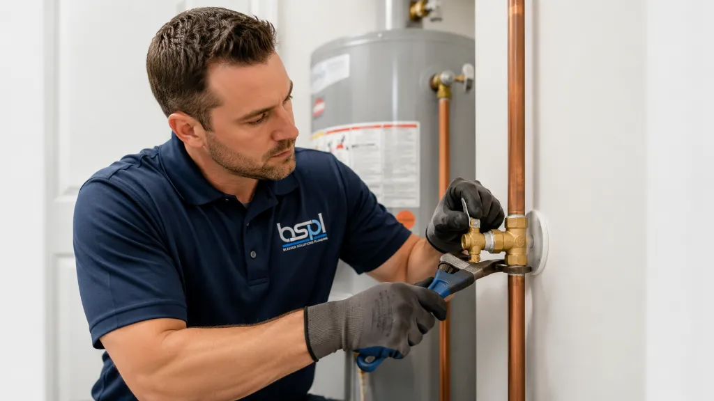 Plumber replacing a corroded shutoff valve and supply hose