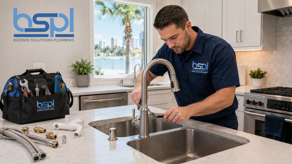 Dripping faucet being repaired by a plumber in a Central Florida home