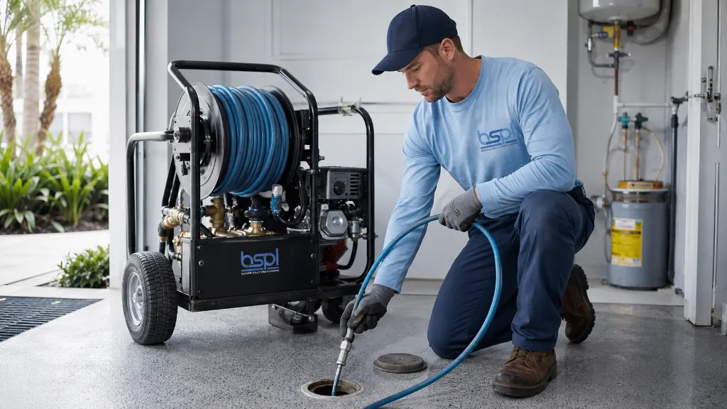 Hydro-jetting nozzle clearing a clogged residential sewer line at night in Orlando