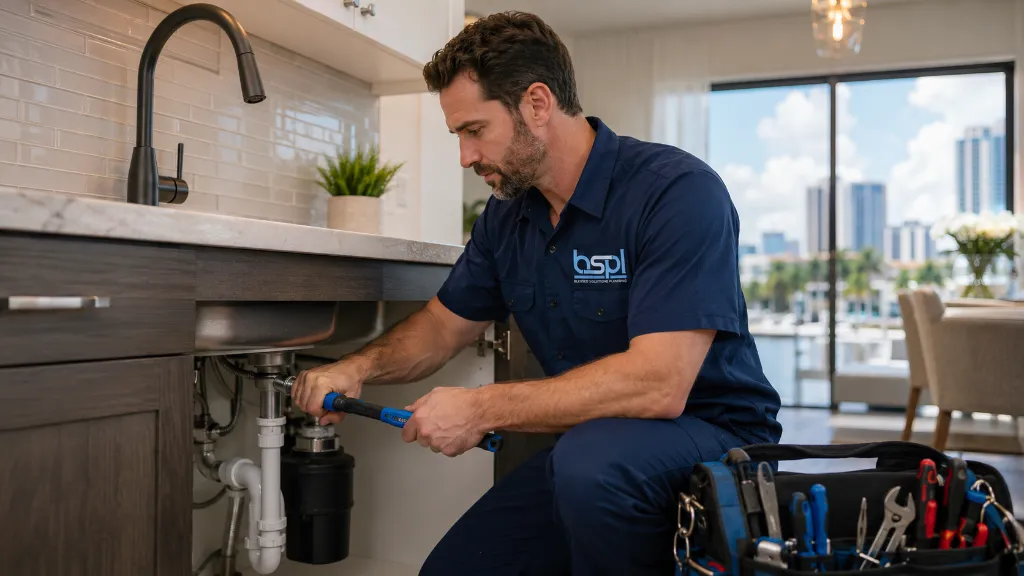 Plumber using electronic leak detection equipment on a concrete slab floor in Central Florida
