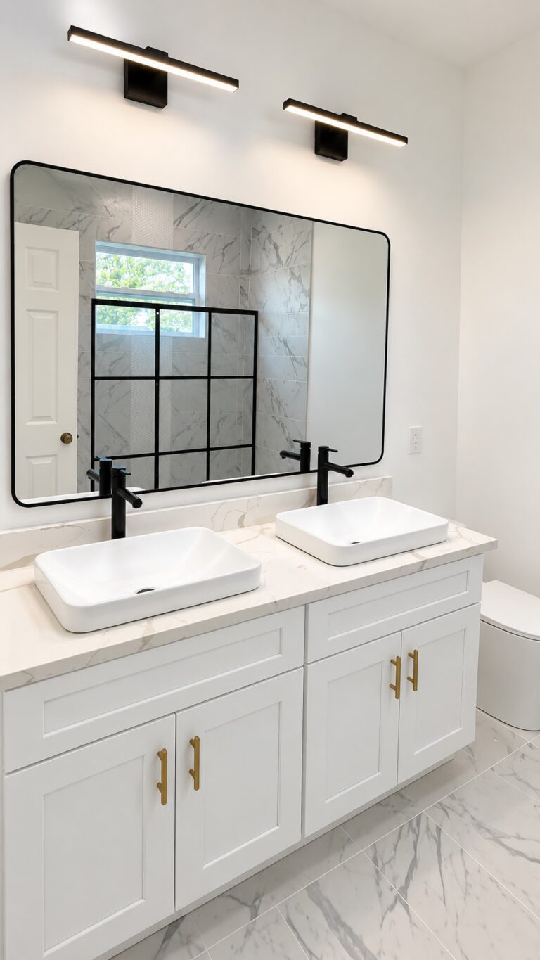 Double vanity with matte black faucets installed by Blessed Solutions Plumbing - bathroom remodel in Orlando FL