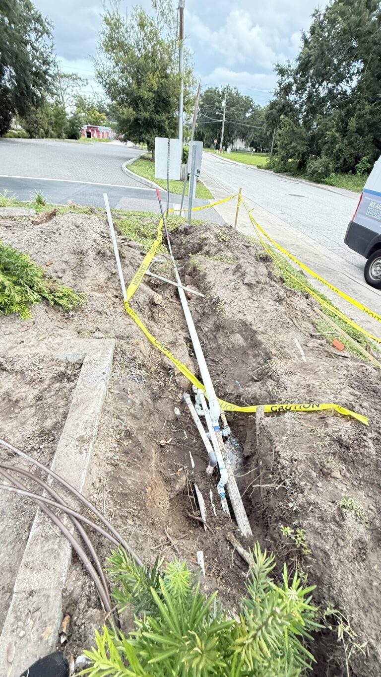 Main water line repair excavation at a commercial property - Blessed Solutions Plumbing, Orlando FL