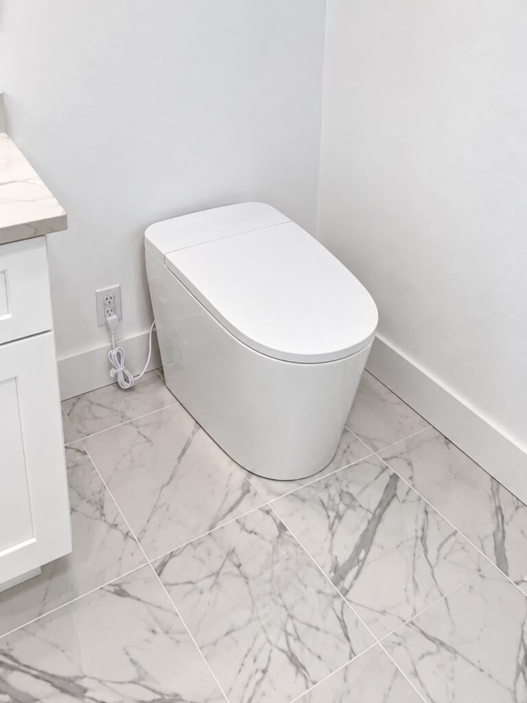 Smart bidet toilet installed in a marble bathroom remodel - Blessed Solutions Plumbing, Orlando FL