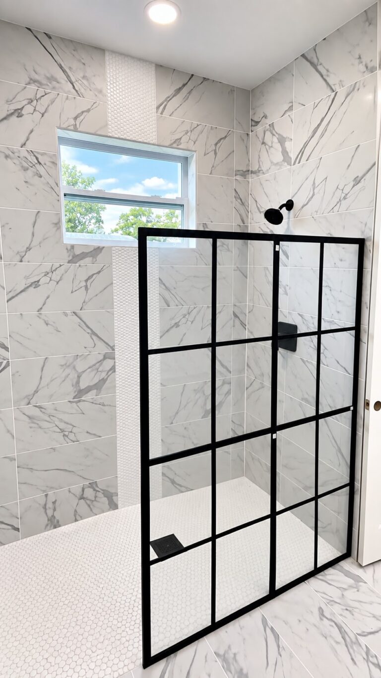 Walk-in shower with black-frame glass panel - shower plumbing and remodel by Blessed Solutions Plumbing, Orlando FL